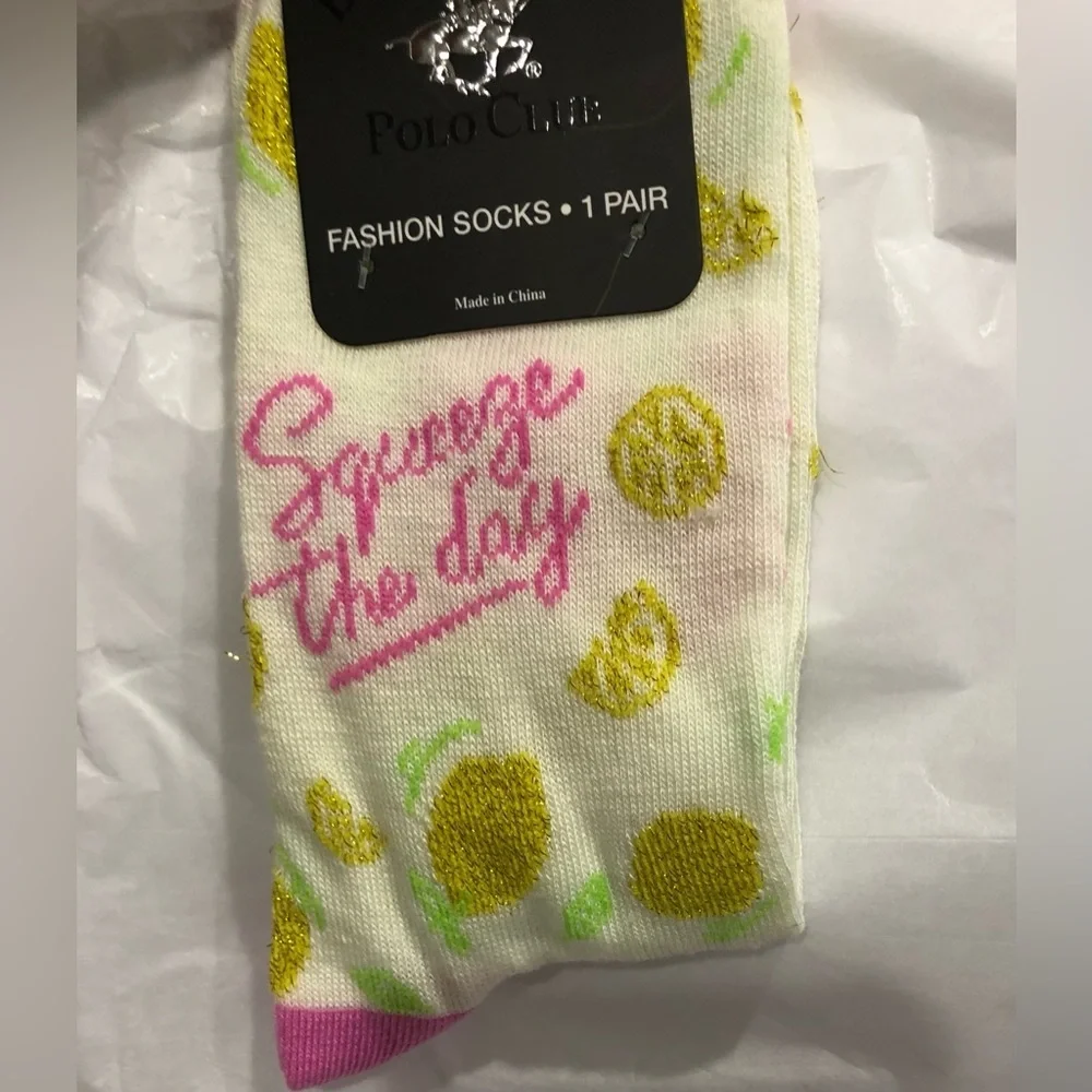 2pairs lemon print squeeze the day‎ cream & pink printed socks
